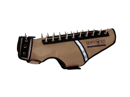 Spike vest for cats in tan with metal studs and white trim