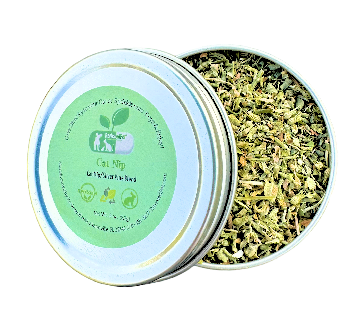Cat nip and silver vine blend tin with two open lids and green herb leaves