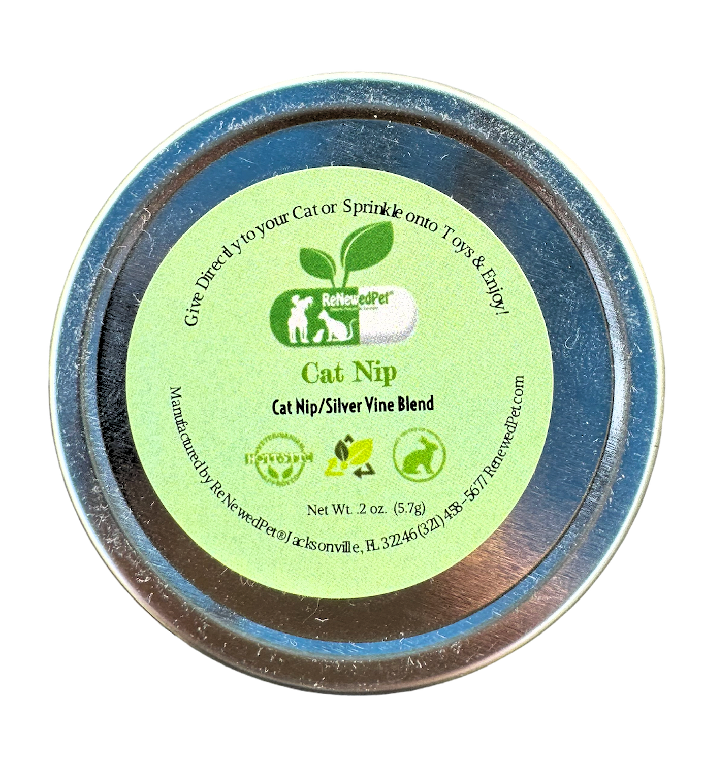 Cat nip and silver vine blend tin lid with green label, blue rim and brown base