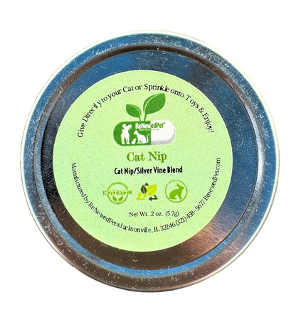 Cat nip and silver vine blend tin lid with green label, blue rim and brown base