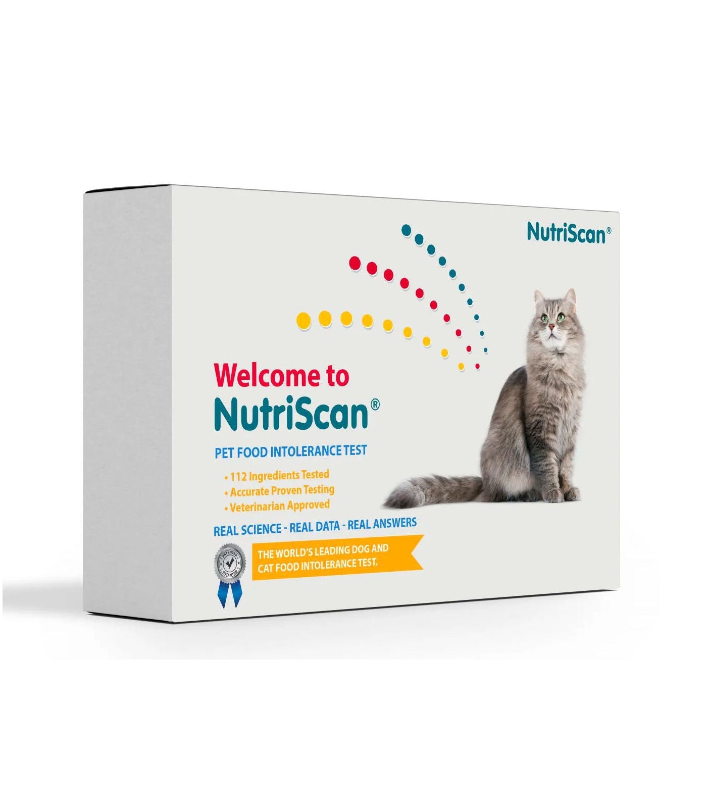 NutriScan cat intolerance test box with sitting cat on front, angled product view.