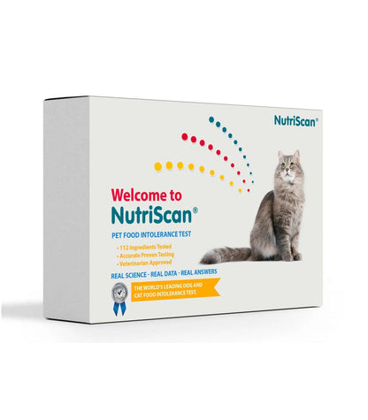 NutriScan cat intolerance test box with sitting cat on front, angled product view.