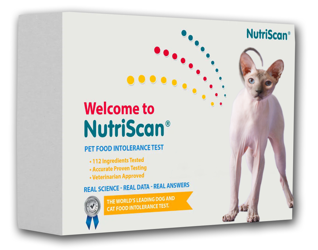 NutriScan cat food intolerance test box with cat silhouette illustration, front view.