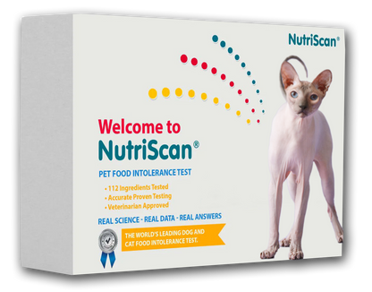 NutriScan cat food intolerance test box with cat silhouette illustration, front view.