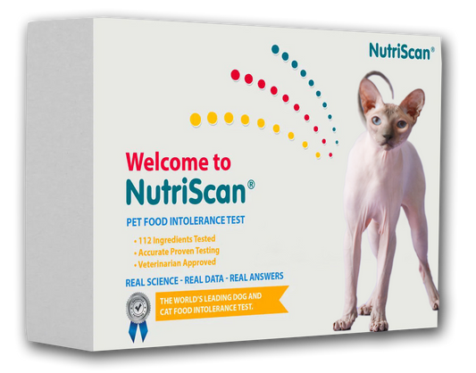 NutriScan cat food intolerance test box with cat silhouette illustration, front view.