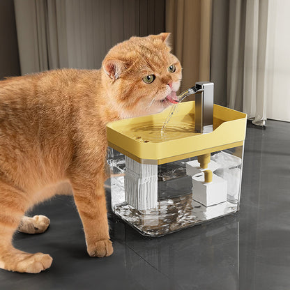 Orange cat drinking from a transparent yellow-covered cat water fountain with flowing spout