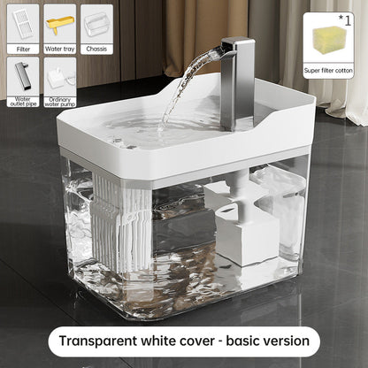 Transparent water cat fountain with white top cover and stainless spout, water flowing