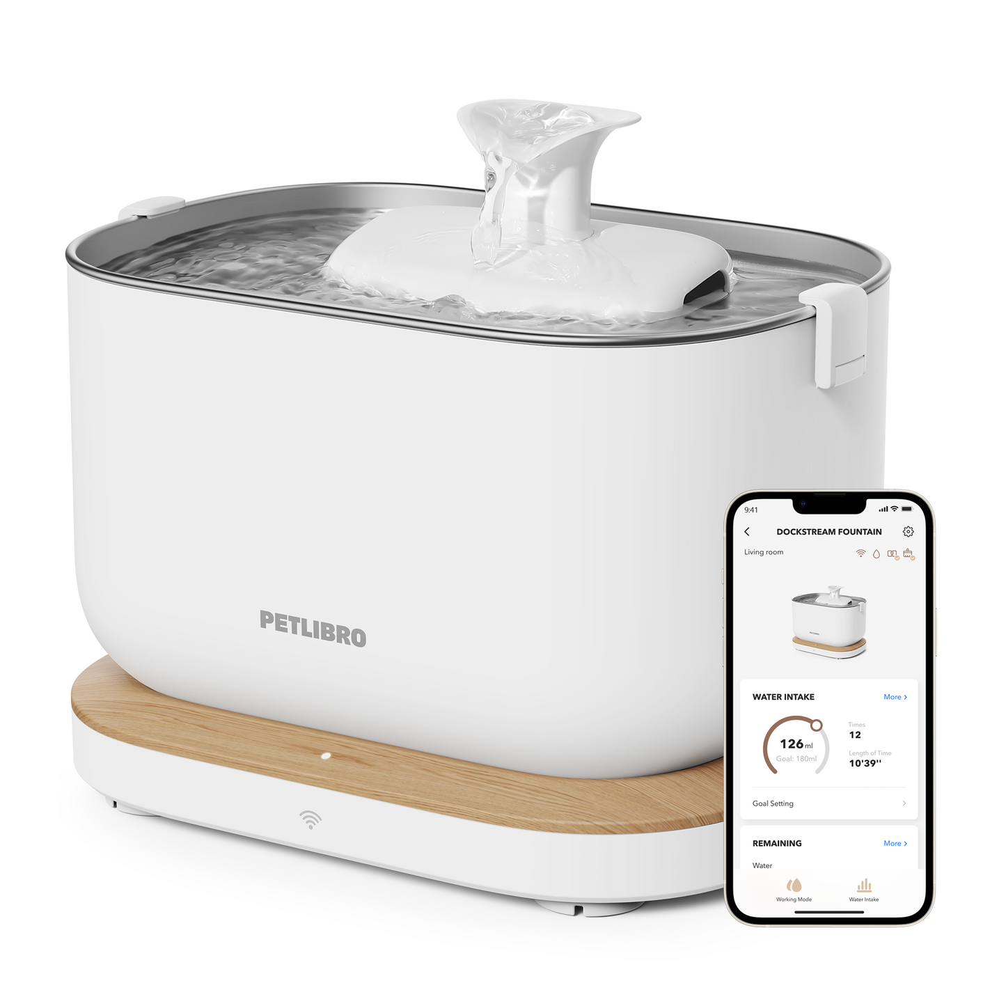 Smart cat water fountain with white base, clear top spout, and app on phone screen