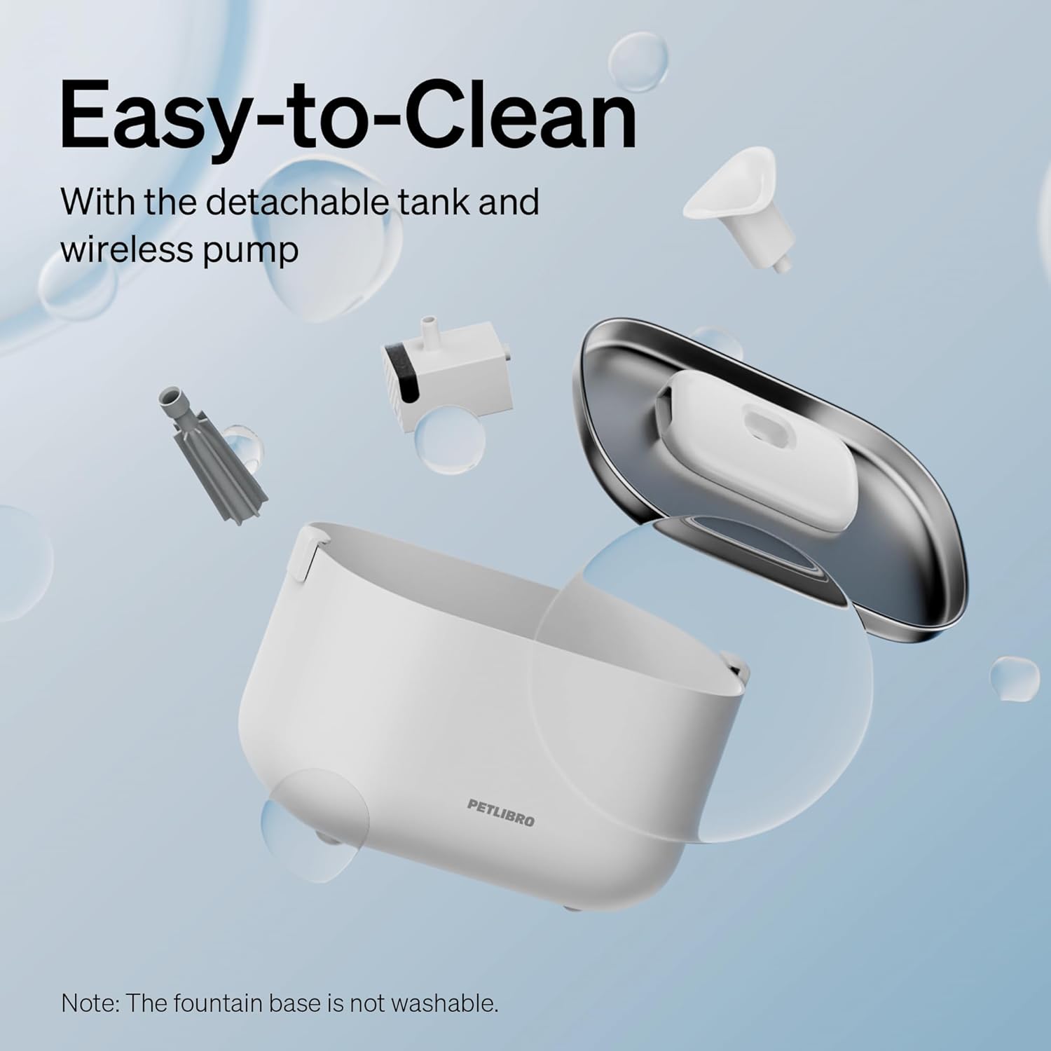 Cat water fountain tank components shown for easy cleaning and wireless pump access