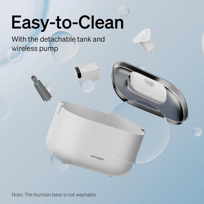 Cat water fountain tank components shown for easy cleaning and wireless pump access