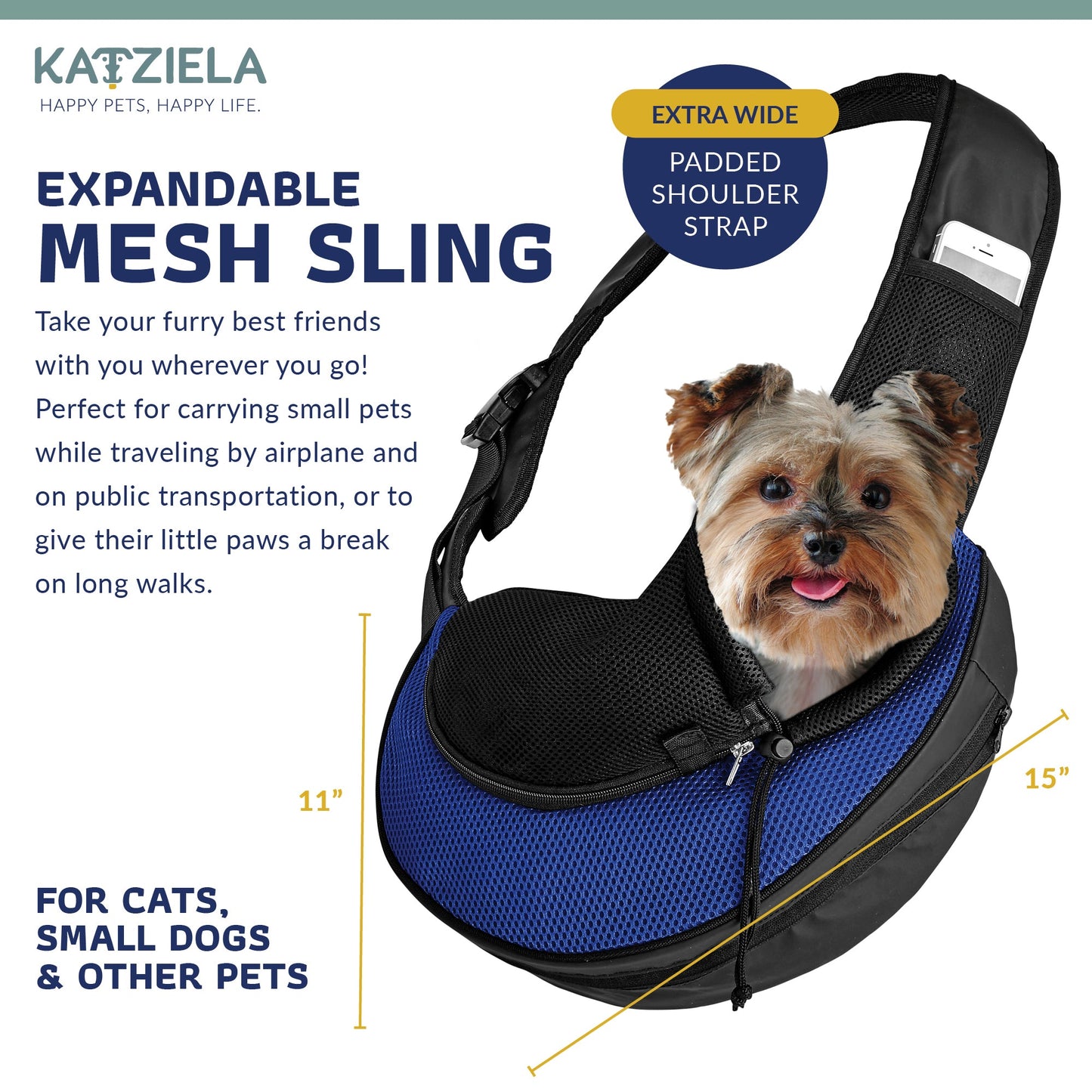 Black and blue expandable mesh sling pet carrier with zippered top and extra-wide padded strap