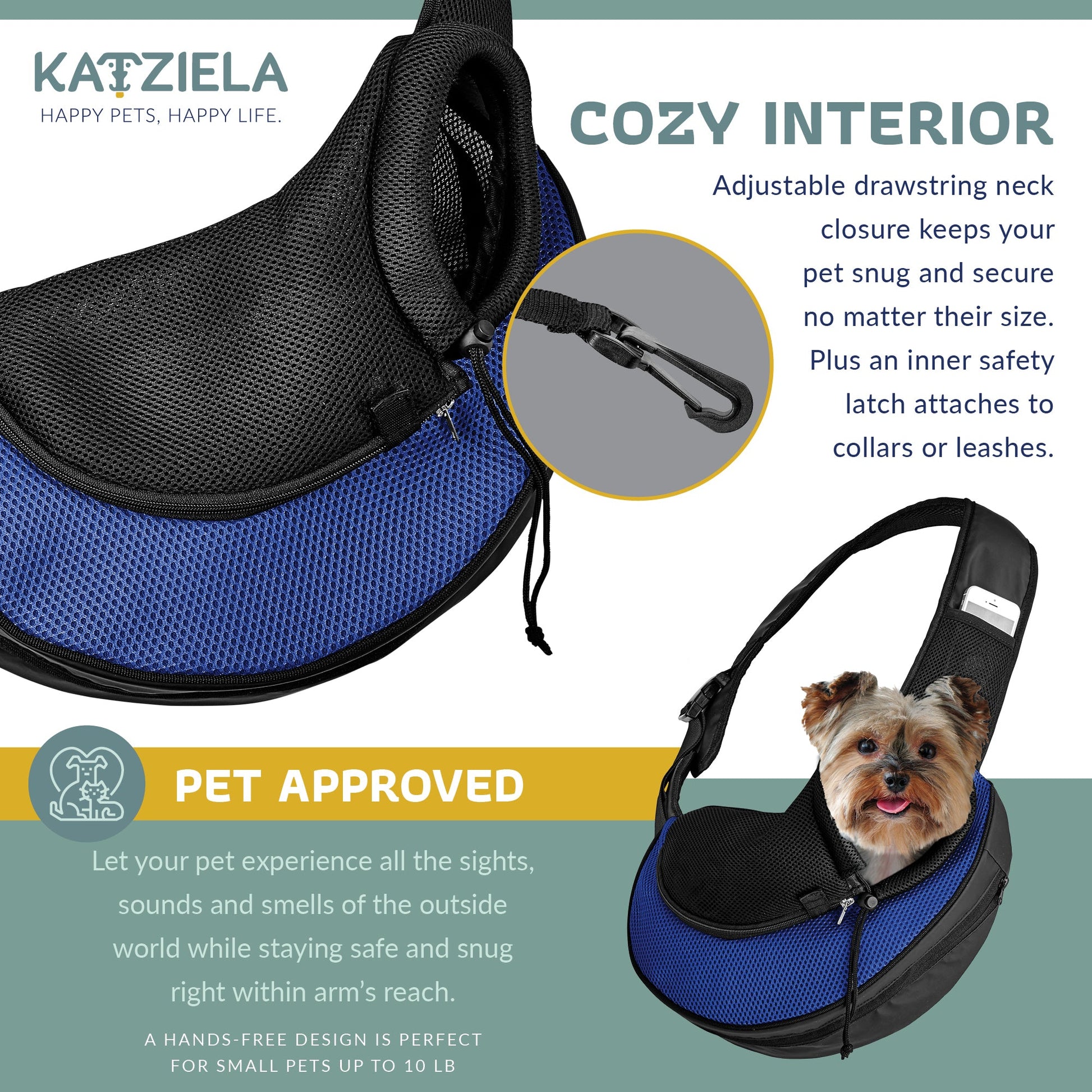Expandable mesh pet sling with drawstring neck closure in blue and black, pet-safe zipper