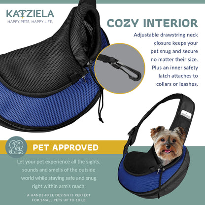 Expandable mesh pet sling with drawstring neck closure in blue and black, pet-safe zipper