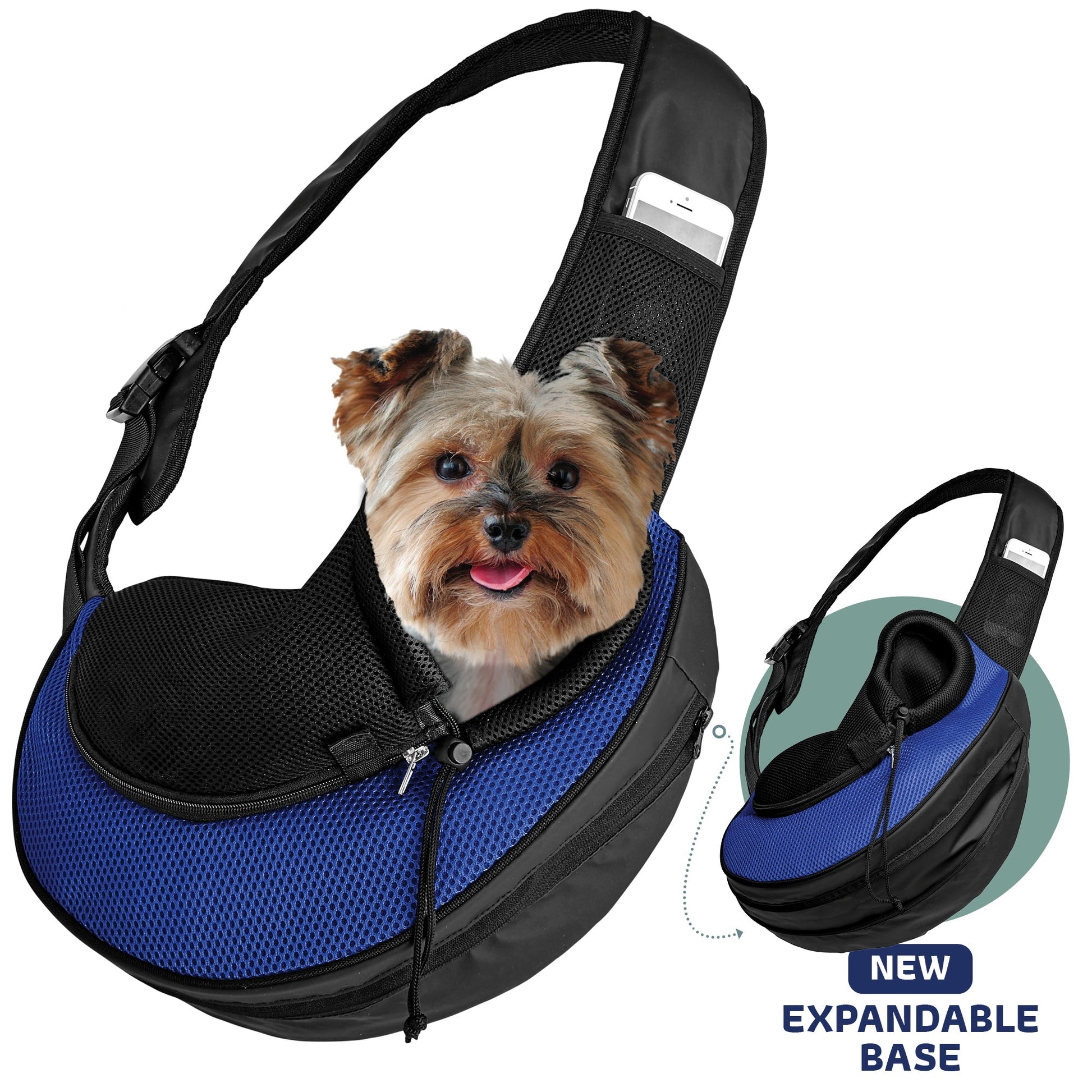 Expandable sling pet carrier in black with blue mesh front panel and padded shoulder strap