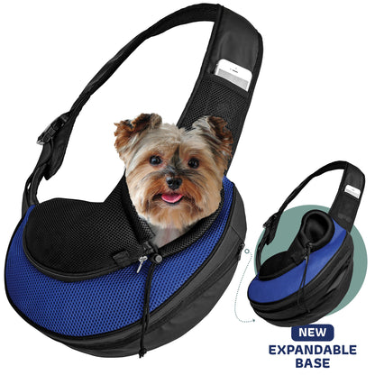 Expandable sling pet carrier in black with blue mesh front panel and padded shoulder strap