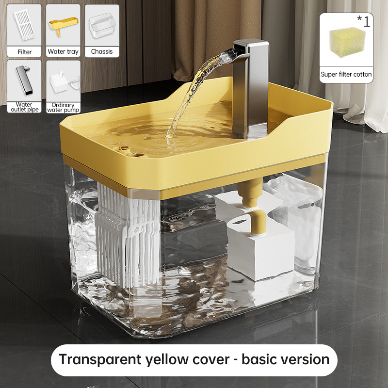 Transparent cat water fountain with yellow top cover and stainless spout, water flowing