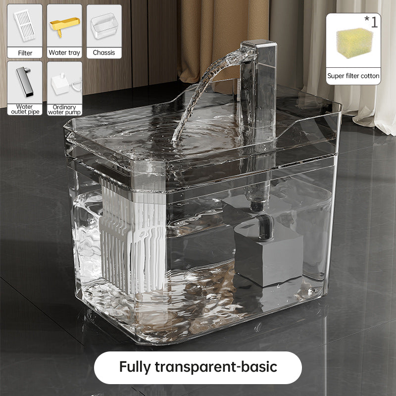 Fully transparent cat water fountain with stainless spout, water pouring into clear tray