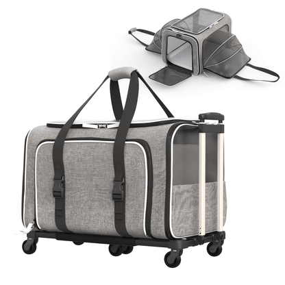 Gray and white wheeled pet carrier with clear front window, straps, and telescoping handle