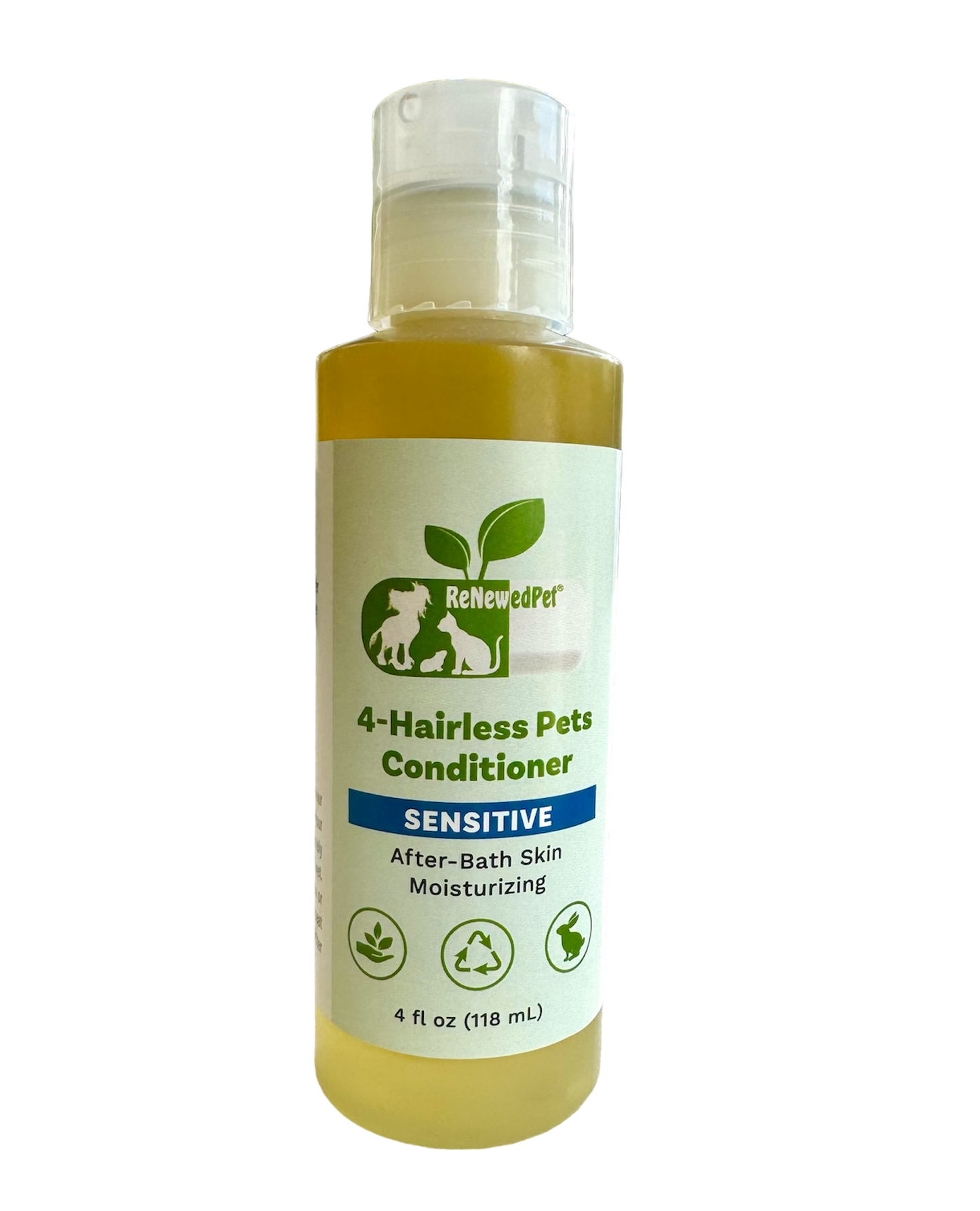 RenewedPet 4-Hairless Pets Sensitive conditioner bottle with clear cap, yellow bottle