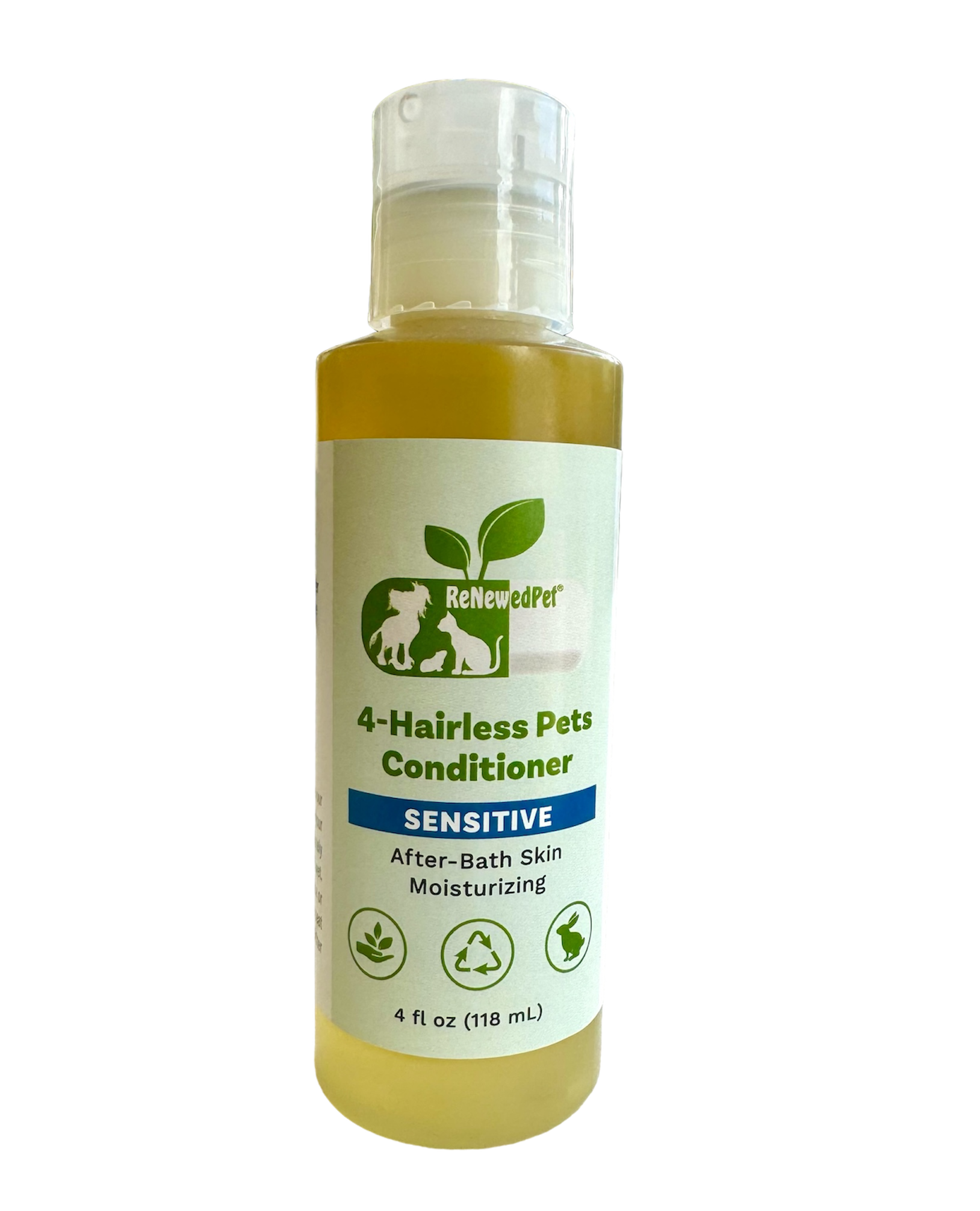 RenewedPet 4-Hairless Pets Sensitive conditioner bottle with clear cap, yellow bottle