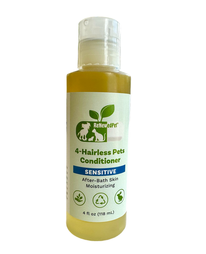 RenewedPet 4-Hairless Pets Sensitive conditioner bottle with clear cap, yellow bottle