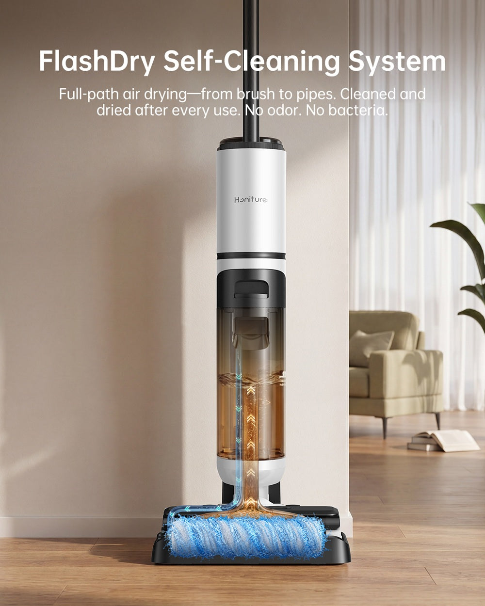 Self-cleaning upright vacuum with rotating floor brush, white and black