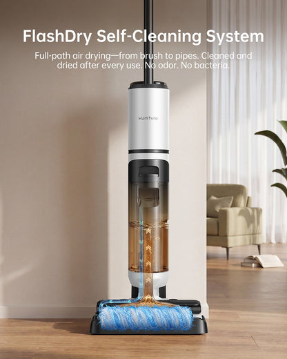 Self-cleaning upright vacuum with rotating floor brush, white and black