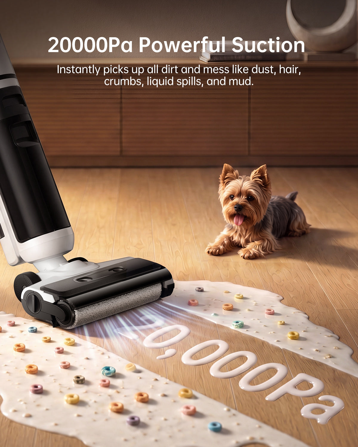 Stick vacuum cleaner with brush head pulling up pet debris on floor