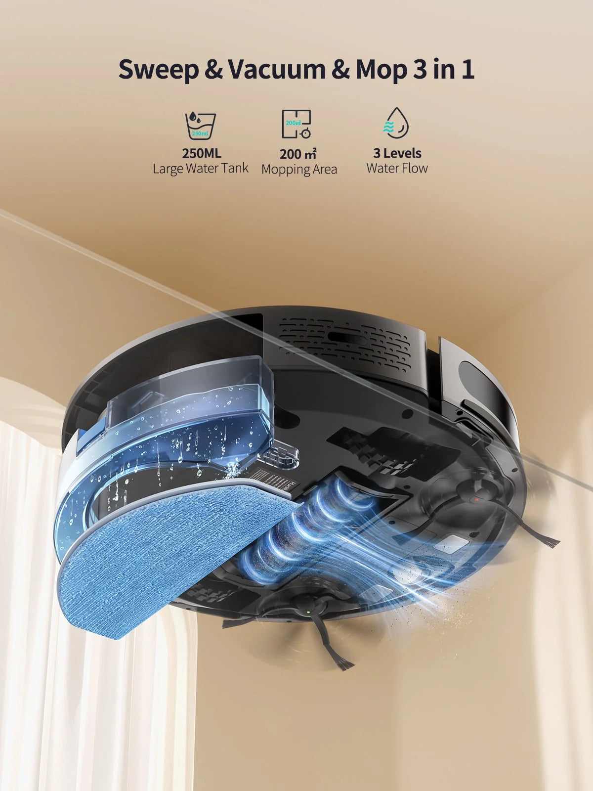 Round robot vacuum-mop with blue mop pad and water tank module