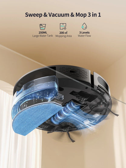 Round robot vacuum-mop with blue mop pad and water tank module