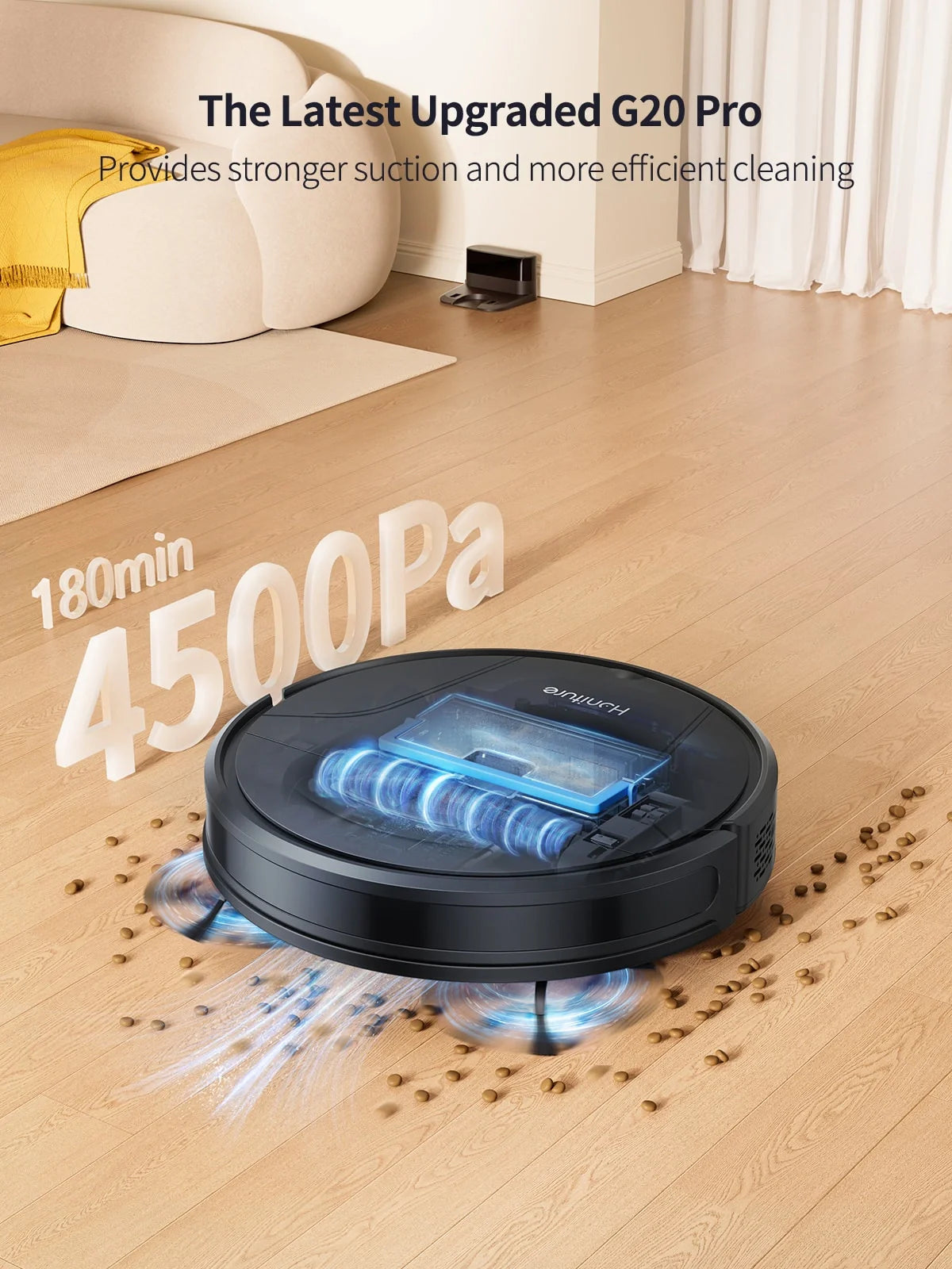 Round robot vacuum cleaner with blue LED brush light, black design