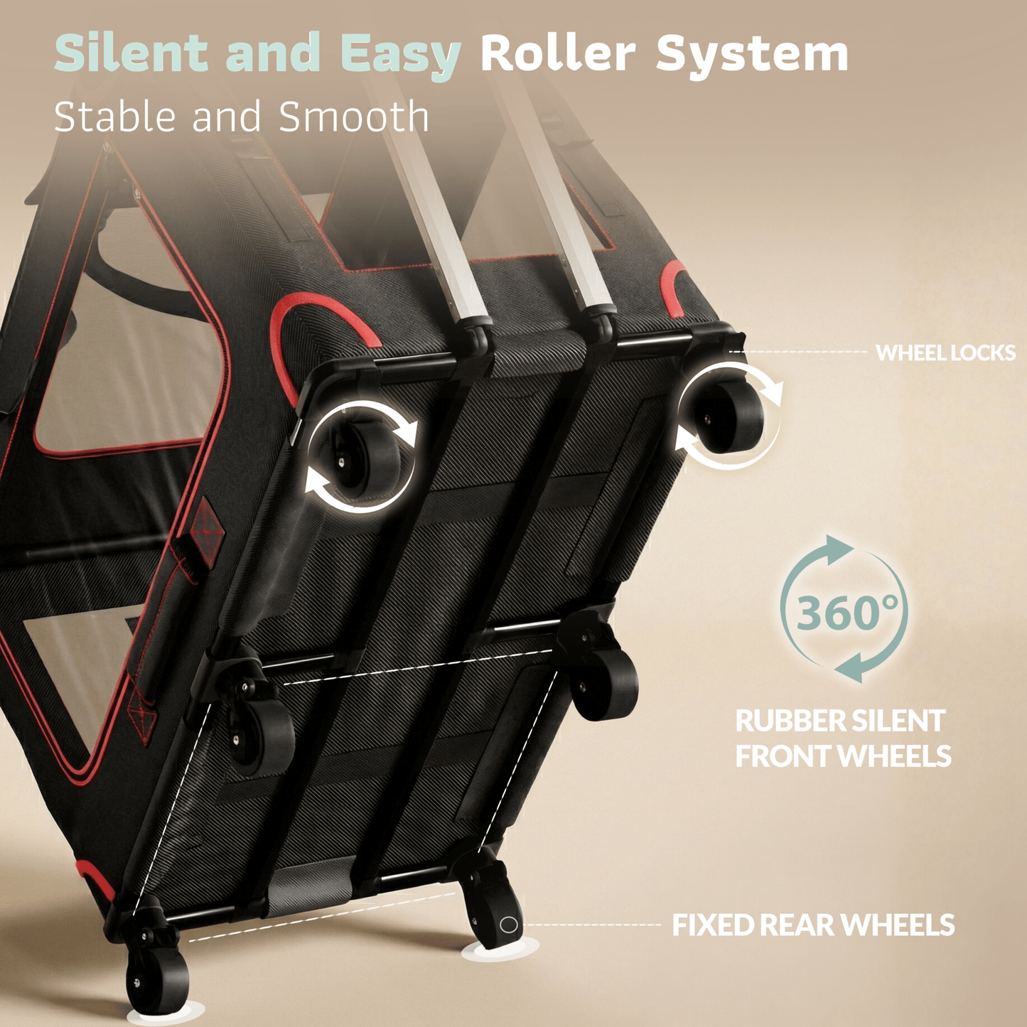 Rolling pet carrier wheel detail with silent rubber wheels and wheel locks
