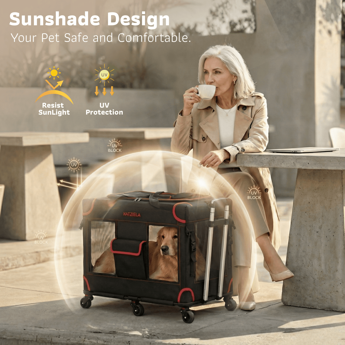 Rolling pet carrier outdoors with front mesh window and red-trimmed frame