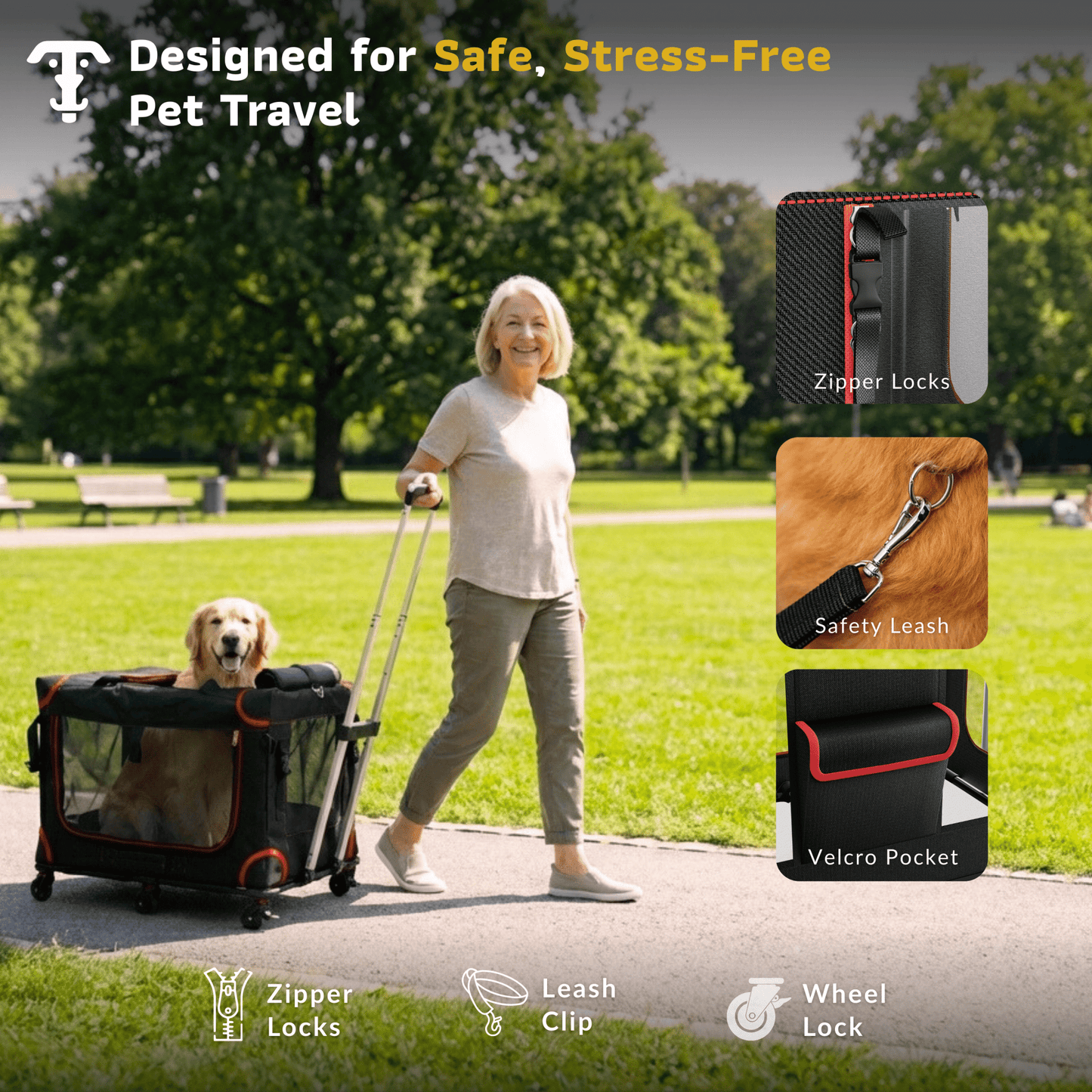 Rolling pet carrier in a yard with side zipper locks and retractable handle