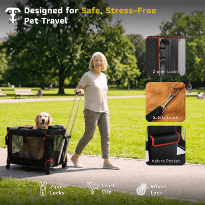 Rolling pet carrier in a yard with side zipper locks and retractable handle
