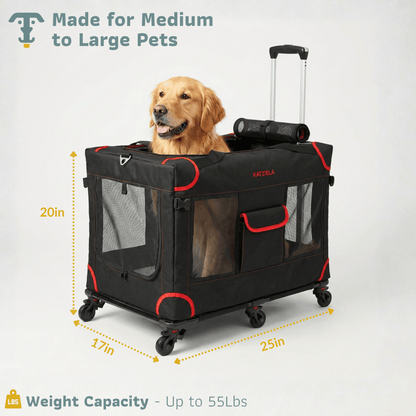 Rolling dog carrier with mesh sides, red handles, and zipper windows on caster wheels