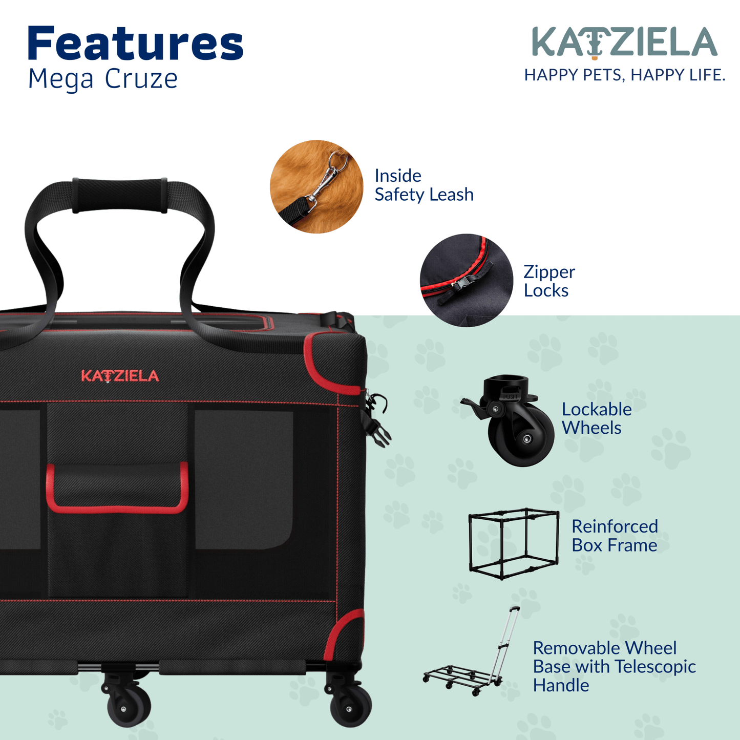 Rolling pet carrier close-up showing mesh window, zipper locks, and lockable wheels