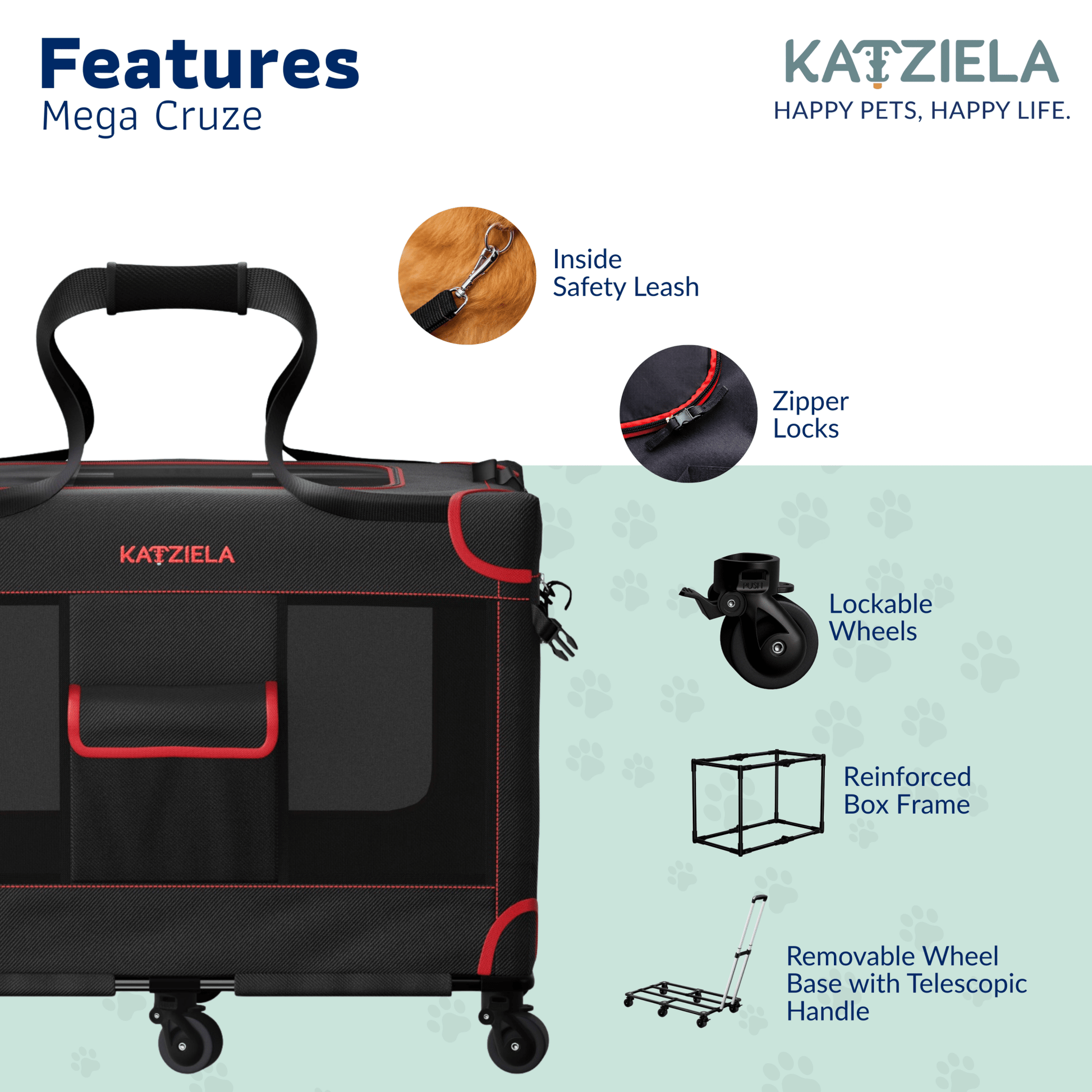 Rolling pet carrier close-up showing mesh window, zipper locks, and lockable wheels