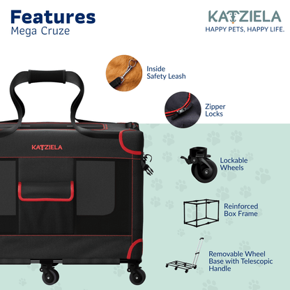 Rolling pet carrier close-up showing mesh window, zipper locks, and lockable wheels