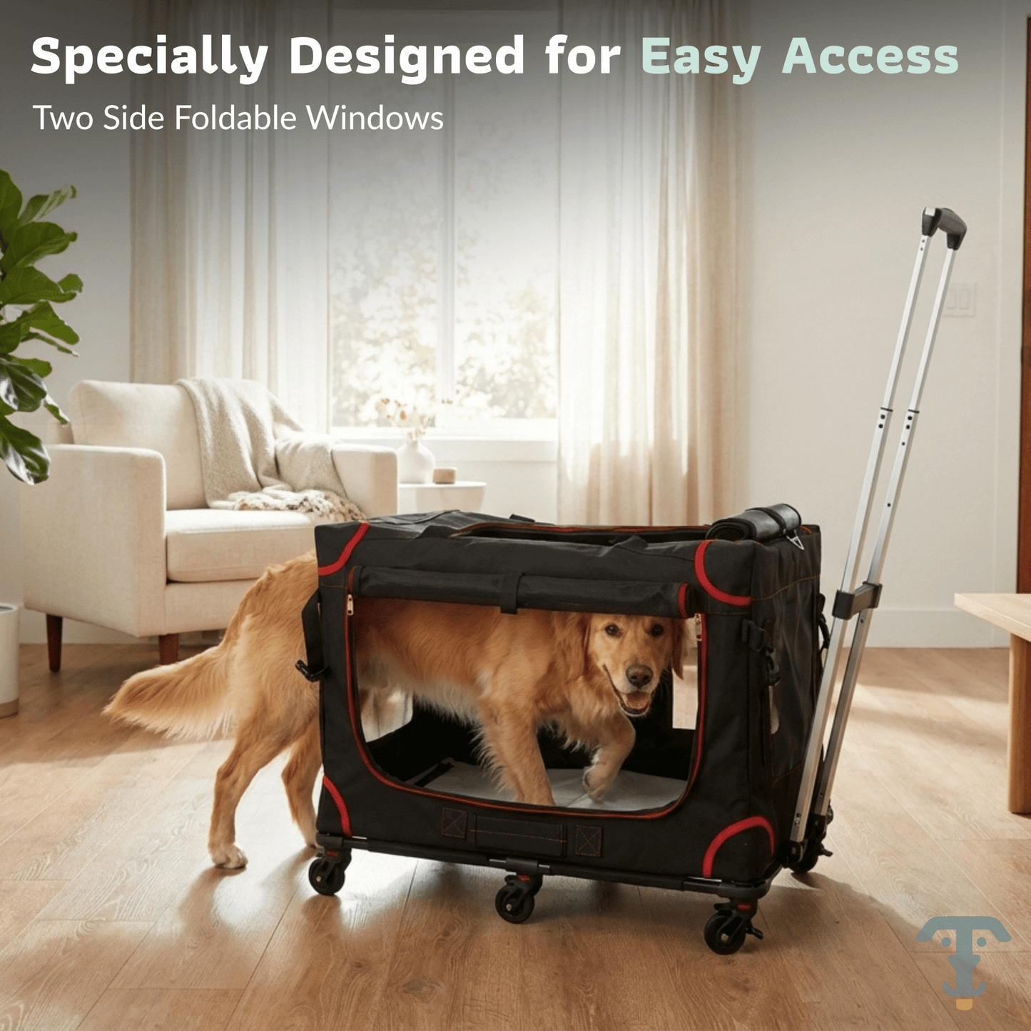 Rolling pet carrier with two side foldable mesh windows and front zipper opening