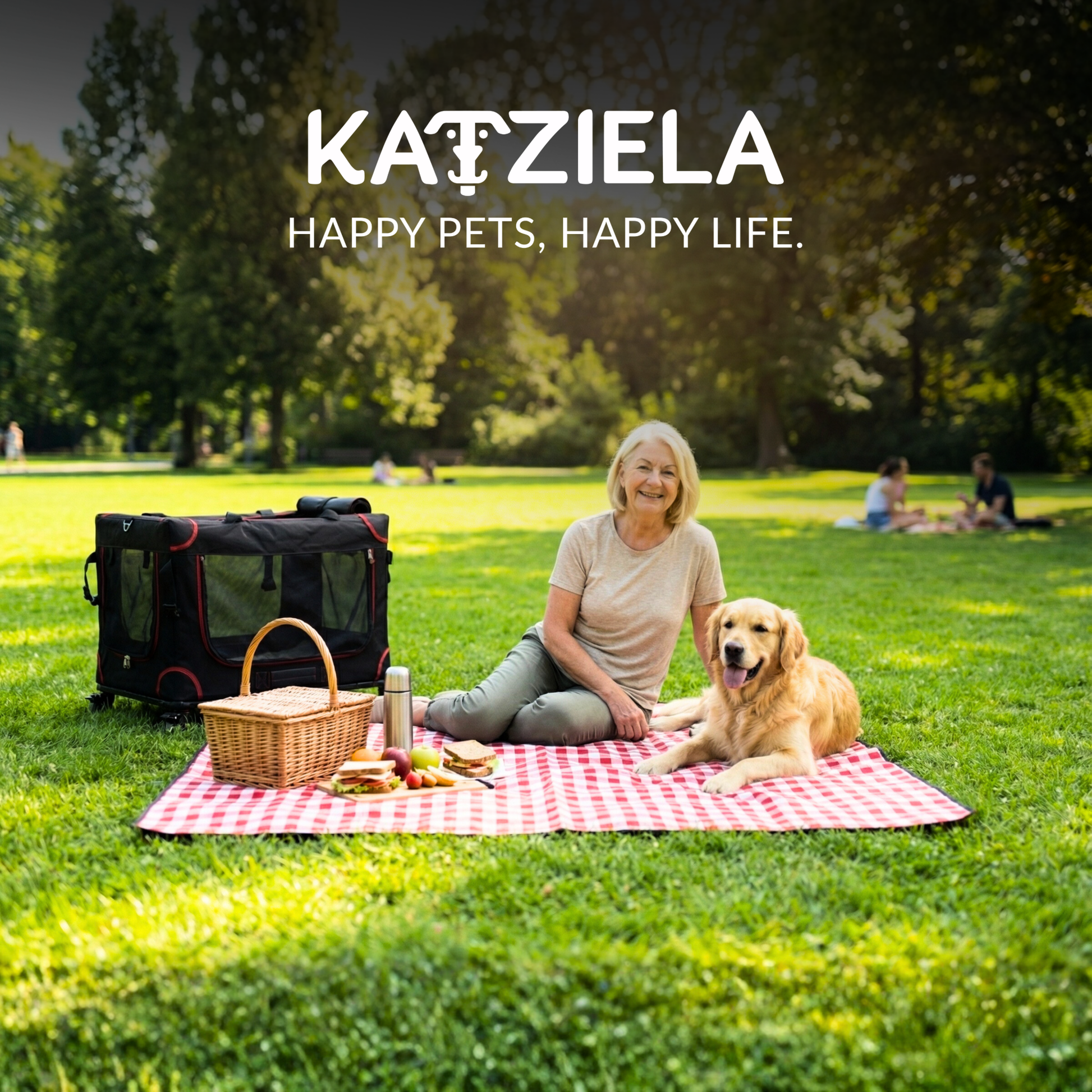 Rolling pet carrier in a park with black fabric, red accents, and telescopic handle