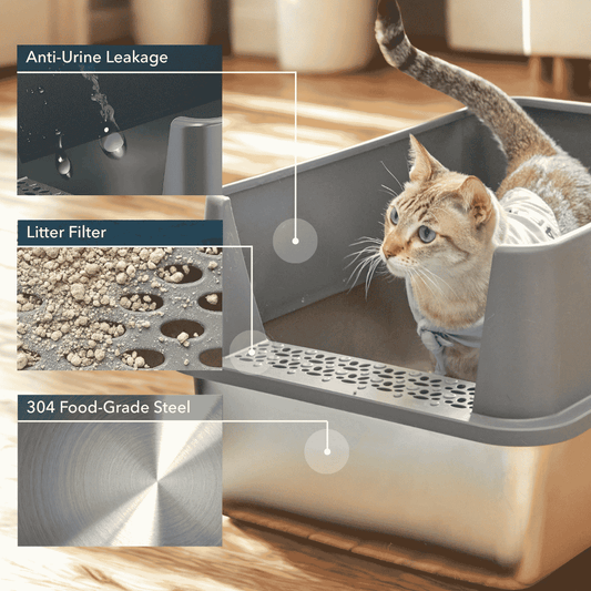 XXL stainless steel cat litter box with gray walls and anti-leakage tray, mesh filter