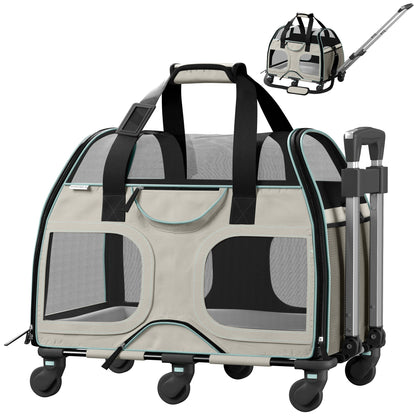 Teal and black pet carrier with mesh windows, front zip door, telescopic handle.