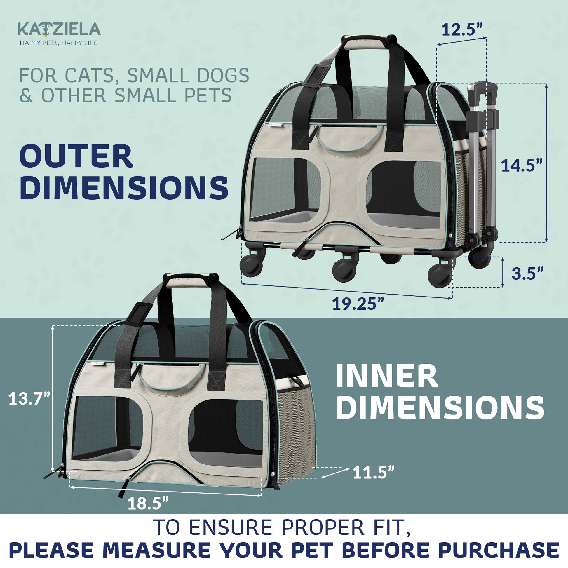 Teal pet carrier with mesh panels and front zip door, rolling base and handle.