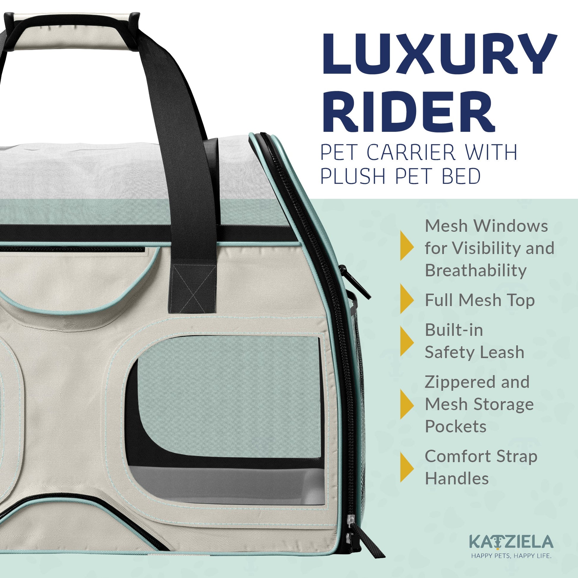 Teal and black pet carrier with side zipper, mesh windows, and plush fleece bed.