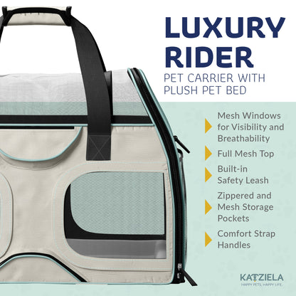 Teal and black pet carrier with side zipper, mesh windows, and plush fleece bed.