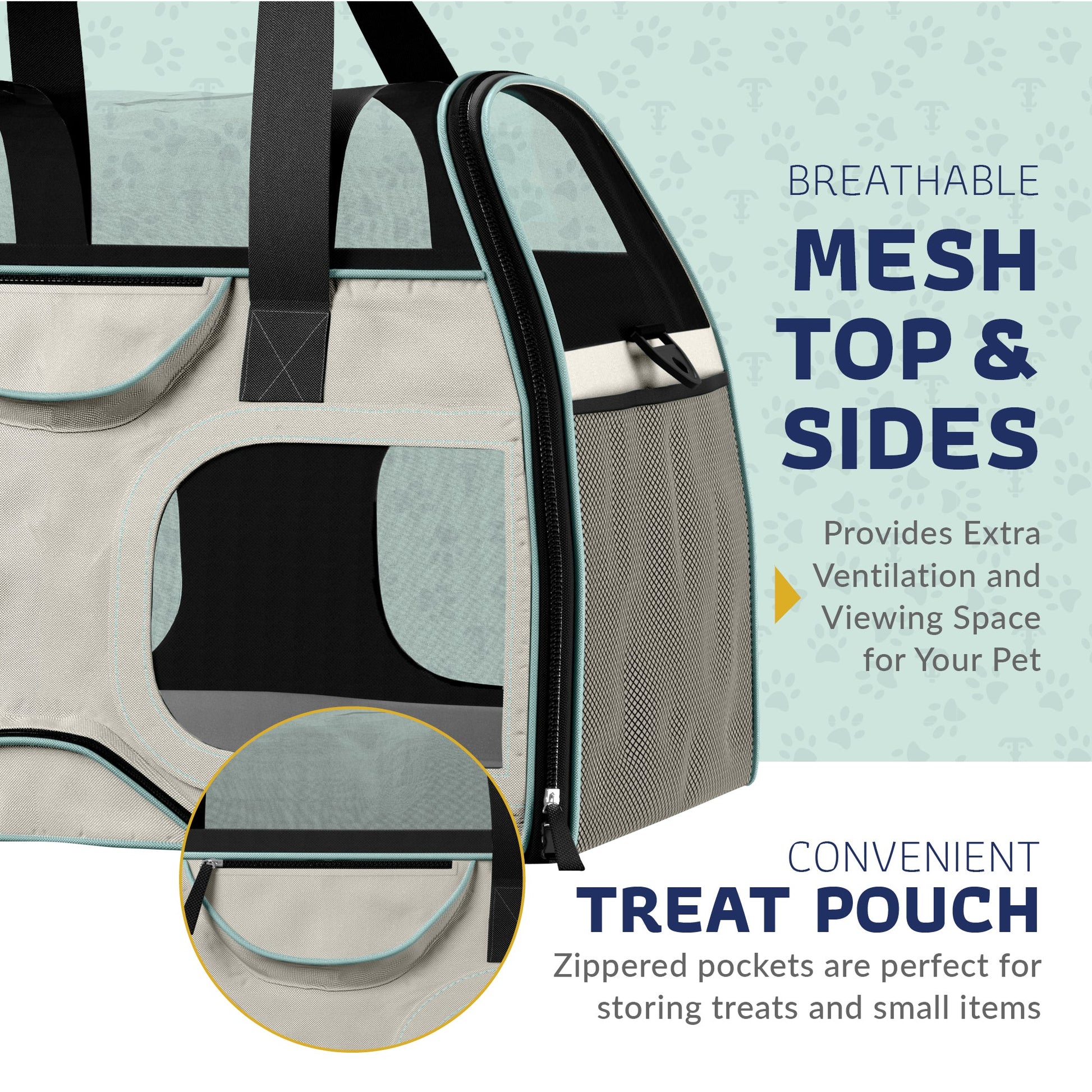 Teal pet carrier with breathable mesh top and side panels, front zip access pocket.