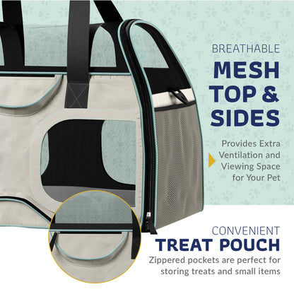 Teal pet carrier with breathable mesh top and side panels, front zip access pocket.