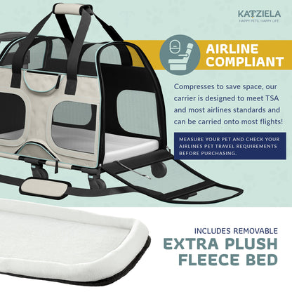 Teal pet carrier with rolling frame, mesh windows, and removable extra plush fleece bed.