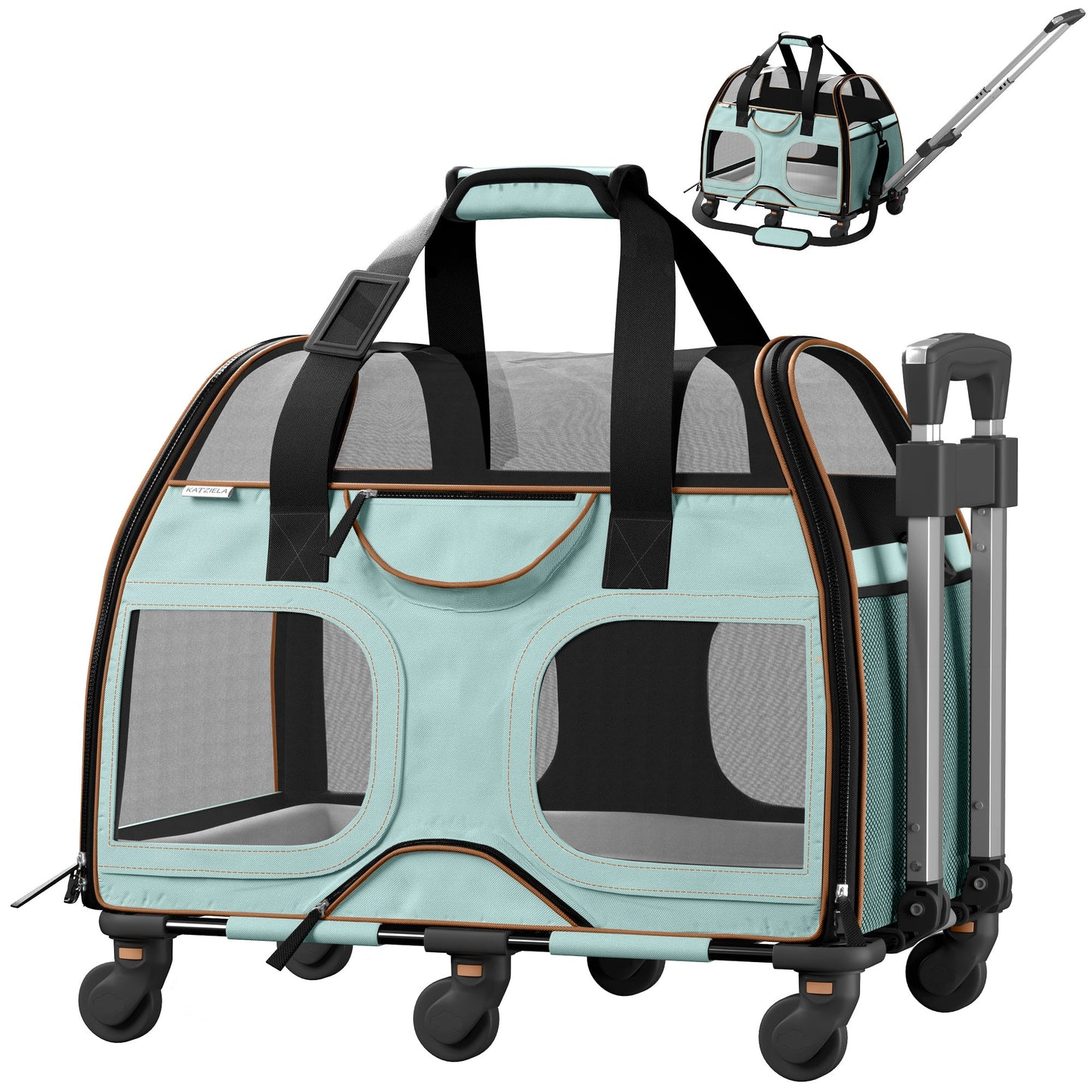 Teal and black rolling pet carrier with orange trim, mesh sides, telescopic handle
